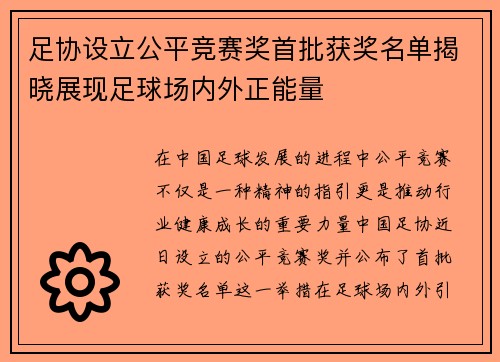 足协设立公平竞赛奖首批获奖名单揭晓展现足球场内外正能量